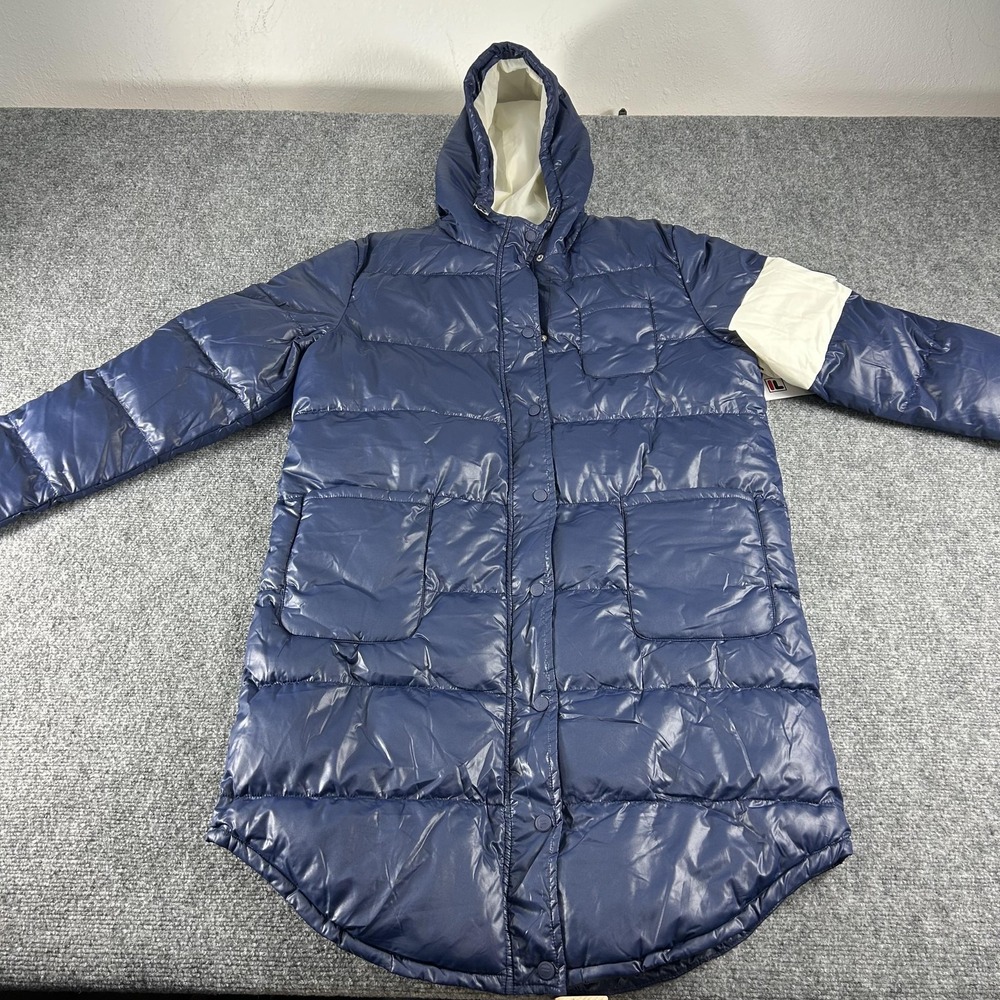 Fila Quilted Puffer Jacket Womens Medium Blue Hooded Long Coat Lusa Logo Warm